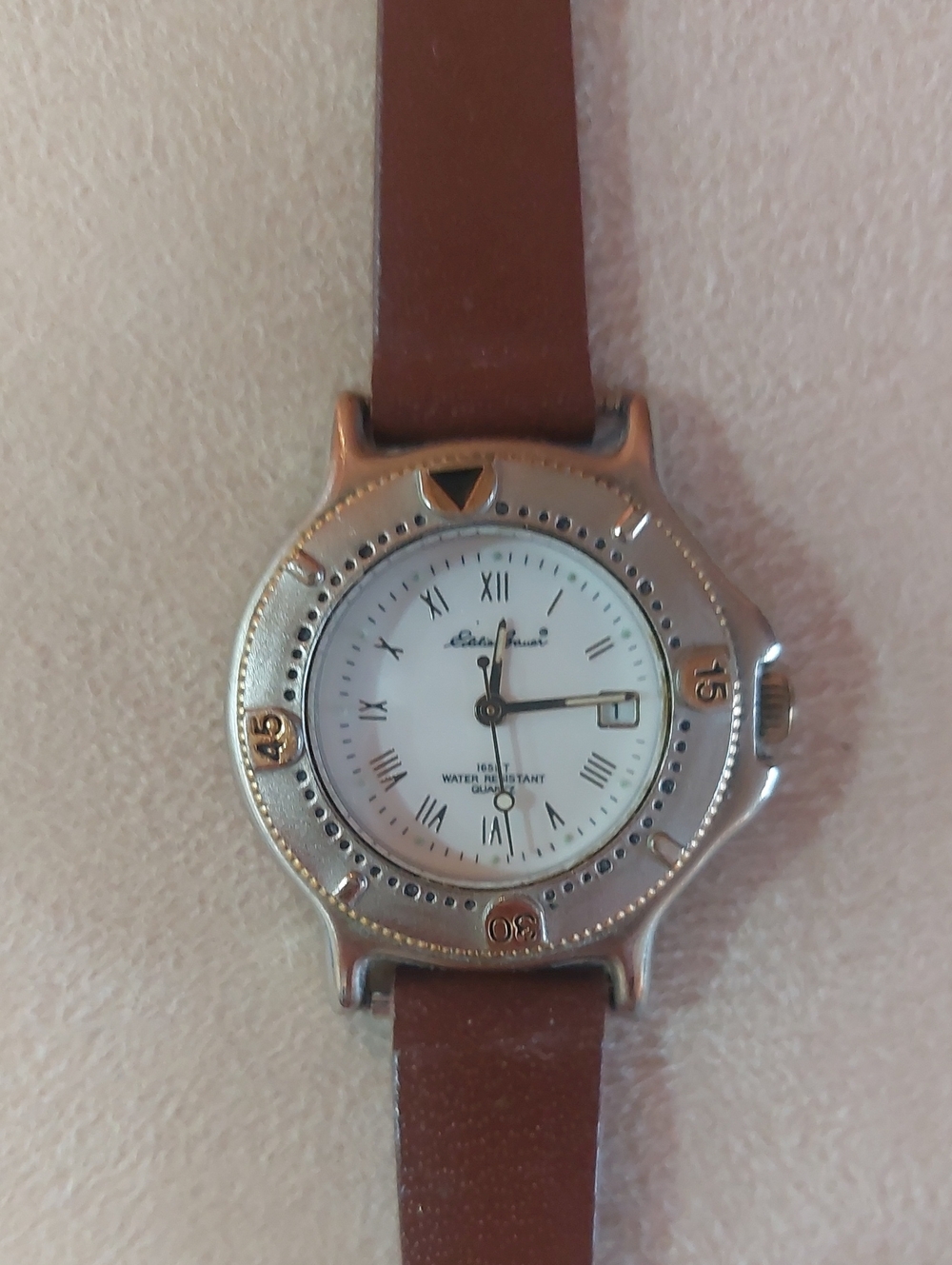 Eddie Bauer Silver Case Watch with Brown Leather Strap
